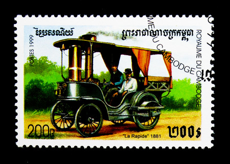 MOSCOW, RUSSIA - NOVEMBER 24, 2017: A stamp printed in Cambodia shows La Rapide (1881), Vintage cars serie, circa 1999のeditorial素材