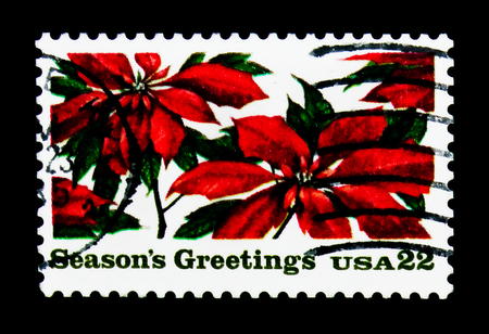 MOSCOW, RUSSIA - NOVEMBER 24, 2017: A stamp printed in USA shows Poinsettia Plants, Christmas serie, circa 1985のeditorial素材