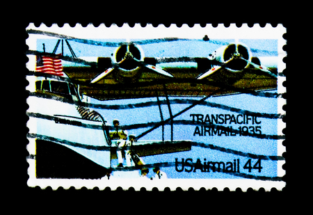 MOSCOW, RUSSIA - NOVEMBER 24, 2017: A stamp printed in USA shows Martin M-130 China Clipper,...