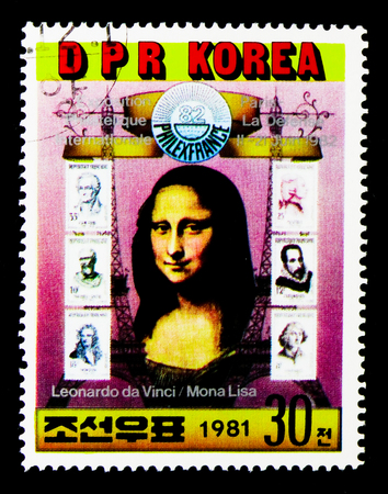 MOSCOW, RUSSIA - NOVEMBER 24, 2017: A stamp printed in Democratic People's republic of Korea shows Mona Lisa, six French stamps, International Stamp Exhibition PHILEXFRANCE, Paris serie, circa 1981のeditorial素材