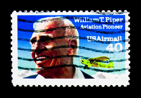MOSCOW, RUSSIA - NOVEMBER 24, 2017: A stamp printed in USA shows William T. Piper, Aircraft...