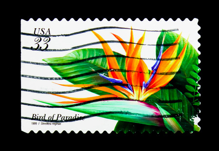 MOSCOW, RUSSIA - NOVEMBER 24, 2017: A stamp printed in USA shows Bird of Paradise, Tropical Flowers Issue serie, circa 1999のeditorial素材