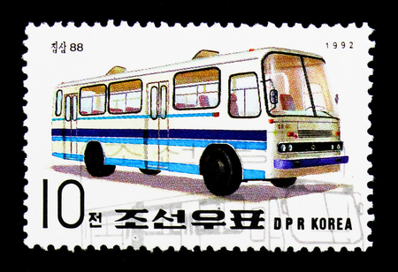 MOSCOW, RUSSIA - NOVEMBER 24, 2017: A stamp printed in Democratic People's republic of Korea shows Autobus - Chipsam model 1988, serie, circa 1992のeditorial素材