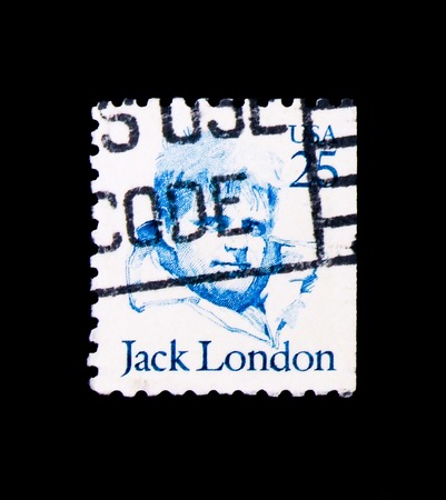 MOSCOW, RUSSIA - NOVEMBER 24, 2017: A stamp printed in USA shows Jack London, Great Americans serie,...