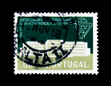 MOSCOW, RUSSIA - NOVEMBER 24, 2017: A stamp printed in Portugal shows Institute for Tropical Medicine, Lisboa, Tropical Medicine serie, circa 1958のeditorial素材