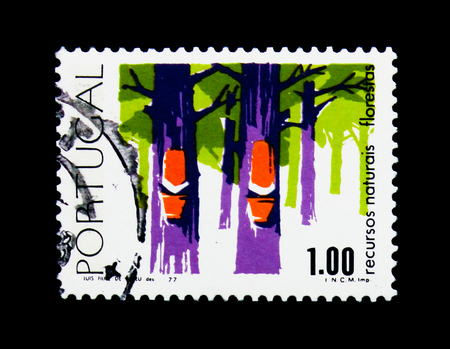 MOSCOW, RUSSIA - NOVEMBER 24, 2017: A stamp printed in Portugal shows Bosbouw, Forests - Cycle of Natural Resources serie, circa 1977のeditorial素材