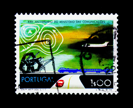 MOSCOW, RUSSIA - NOVEMBER 24, 2017: A stamp printed in Portugal shows Means of Transport on Land, Water and in the Air, 
25th Anniversary of Ministry of Communications serie, circa 1973のeditorial素材