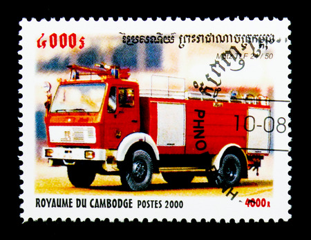 MOSCOW, RUSSIA - NOVEMBER 24, 2017: A stamp printed in Cambodia shows Metz TLF 24/50, Fire Trucks serie, circa 2000のeditorial素材