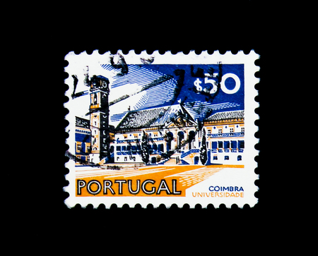 MOSCOW, RUSSIA - NOVEMBER 24, 2017: A stamp printed in Portugal shows Coimbra University, Landscapes and Monuments serie, circa 1973のeditorial素材