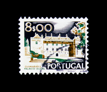 MOSCOW, RUSSIA - NOVEMBER 24, 2017: A stamp printed in Portugal shows Ducal Palace, Guimaraes, Landscapes and Monuments serie, circa 1978のeditorial素材