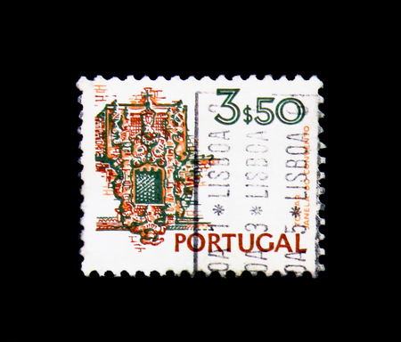 MOSCOW, RUSSIA - NOVEMBER 24, 2017: A stamp printed in Portugal shows Convent of Christ, Tomar, Landscapes and Monuments serie, circa 1973のeditorial素材