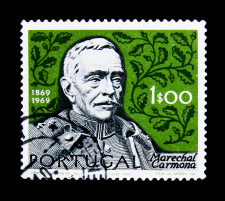 MOSCOW, RUSSIA - NOVEMBER 24, 2017: A stamp printed in Portugal shows President Oscar Antonio de Fragoso Carmona (1869-1951), 
Birth Centenary of Marshal Carmona serie, circa 1970のeditorial素材