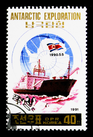 MOSCOW, RUSSIA - NOVEMBER 24, 2017: A stamp printed in Democratic People's republic of Korea shows Research ship, Antartic exploration serie, circa 1991のeditorial素材