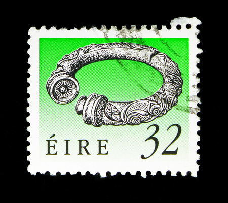MOSCOW, RUSSIA - MAY 13, 2018: A stamp printed in Ireland shows Broighter Collar (1st Cty. BC),...