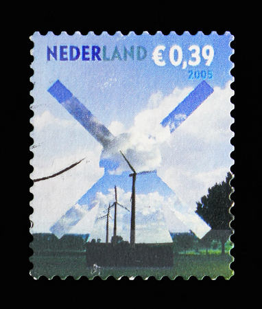 MOSCOW, RUSSIA - MAY 13, 2018: A stamp printed in Netherlands shows Windmill, For your post serie, circa 2005のeditorial素材