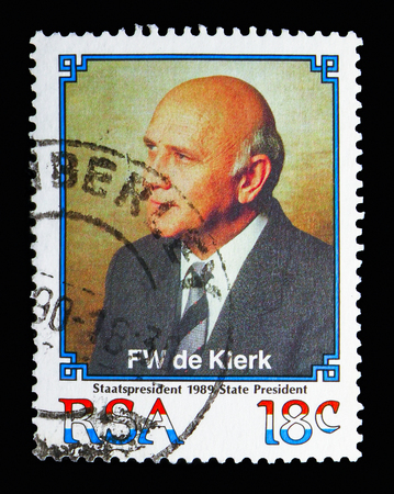 MOSCOW, RUSSIA - MAY 13, 2018: A stamp printed in South Africa shows President de Klerk, serie,...