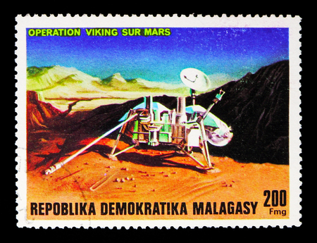 MOSCOW, RUSSIA - MAY 13, 2018: A stamp printed in Madagascar shows Viking probe on Mars, Viking...
