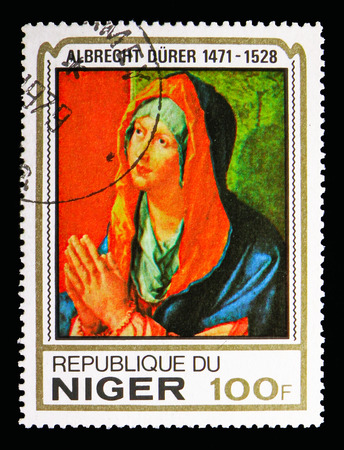 MOSCOW, RUSSIA - MAY 13, 2018: A stamp printed in Niger shows Virgin Mary, by Durer, serie, circa 1979のeditorial素材