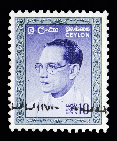 MOSCOW, RUSSIA - MAY 13, 2018: A stamp printed in Ceylon shows Doctor Solomon West Ridgeway Dias Bandaranaike (1899-1959), Prime Minister Bandaranaike Commemoration serie, circa 1963のeditorial素材