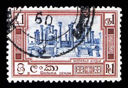 MOSCOW, RUSSIA - MAY 13, 2018: A stamp printed in Ceylon shows Ruins of Madirigirija, Local motives serie, circa 1958のeditorial素材