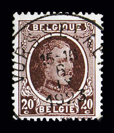MOSCOW, RUSSIA - MAY 13, 2018: A stamp printed in Belgium shows King Albert I - type Houyoux serie,...