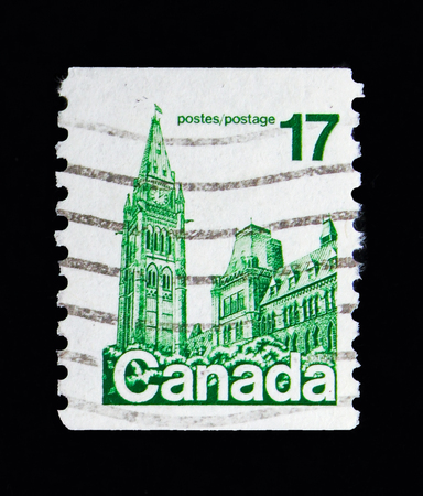 MOSCOW, RUSSIA - MAY 13, 2018: A stamp printed in Canada shows Houses of Parliament,
Definitives 1977-83 (Booklet and Sheet stamps) serie, circa 1979のeditorial素材