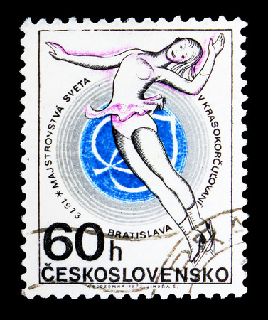 MOSCOW, RUSSIA - MAY 16, 2018: A stamp printed in Czechoslovakia devoted to World figure skating championships, Bratislava , Sport serie, circa 1973のeditorial素材