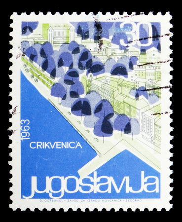 MOSCOW, RUSSIA - MAY 16, 2018: A stamp printed in Yugoslavia shows Crkvenica, Yugoslavian Tourist Sites serie, circa 1963のeditorial素材