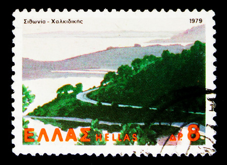 MOSCOW, RUSSIA - MAY 16, 2018: A stamp printed in Turkey shows Sithonia peninsula (Chalkidike), New Daily Stamps serie, circa 1979のeditorial素材