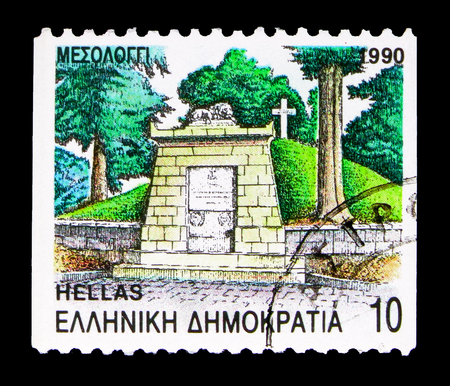 MOSCOW, RUSSIA - MAY 16, 2018: A stamp printed in Greece shows Mesolongi, capital of Aitoloakarnania Regional Unit, Prefecture Capitals serie, circa 1990のeditorial素材