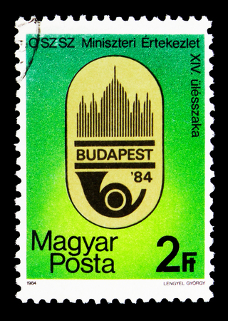 MOSCOW, RUSSIA - MAY 16, 2018: A stamp printed in Hungary shows 14th Conference of Postal Ministers, Budapest, Events serie, circa 1984のeditorial素材