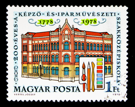 MOSCOW, RUSSIA - MAY 16, 2018: A stamp printed in Hungary devoted to 200 years of School of Arts and Crafts, Buildings serie, circa 1978のeditorial素材