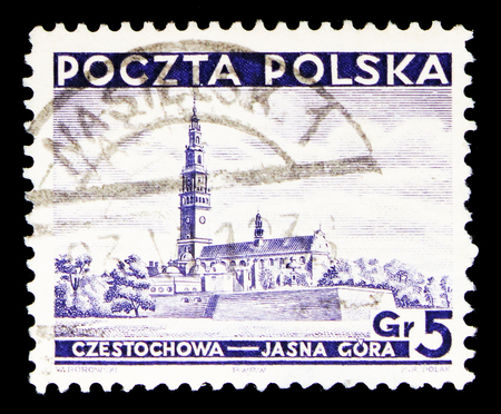 MOSCOW, RUSSIA - MAY 16, 2018: A stamp printed in Poland shows Monastery Czestochowa, Sights in Poland serie, circa 1937のeditorial素材