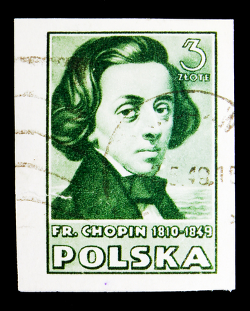 MOSCOW, RUSSIA - MAY 16, 2018: A stamp printed in Poland shows Chopin, Polish culture (first issue) serie, circa 1947のeditorial素材