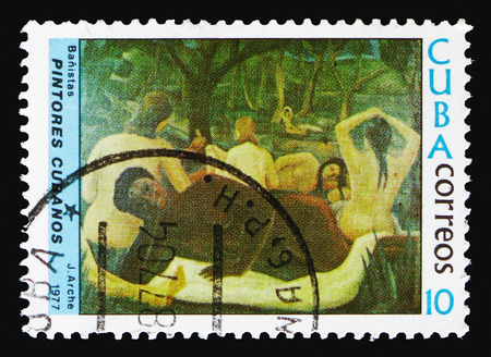 MOSCOW, RUSSIA - AUGUST 18, 2018: A stamp printed in Cuba shows Bather, Paintings of Cuban Painter Jorge Arche serie, circa 1977のeditorial素材