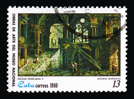 MOSCOW, RUSSIA - AUGUST 18, 2018: A stamp printed in Cuba shows Michele Marieschi, "Venetian Scene II", Paintings from the National Museum serie, circa 1980のeditorial素材