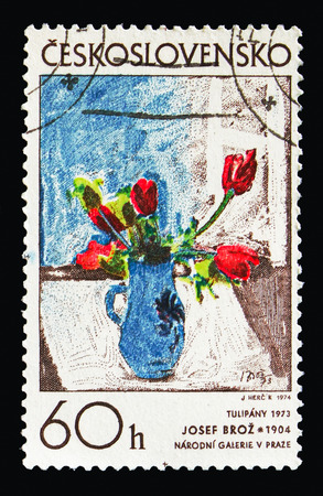 MOSCOW, RUSSIA - AUGUST 18, 2018: A stamp printed in Czechoslovakia shows Tulips 1973, by Josef Broz, Czech and Slovak graphic serie, circa 1974のeditorial素材