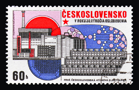 MOSCOW, RUSSIA - AUGUST 18, 2018: A stamp printed in Czechoslovakia shows Atomic power station, The Successes of Socialist Construction serie, circa 1975のeditorial素材