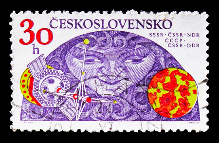 MOSCOW, RUSSIA - AUGUST 18, 2018: A stamp printed in Czechoslovakia shows USSR-Czechoslovakia-GDR, Research of space serie, circa 1975のeditorial素材