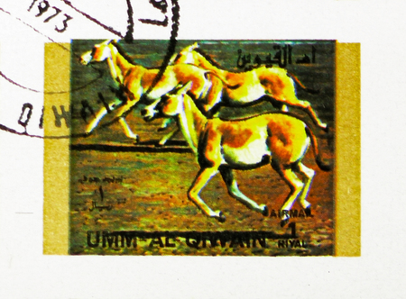 MOSCOW, RUSSIA - NOVEMBER 10, 2018: A stamp printed in Umm Al Quwain shows Onager (Equus hemionus...