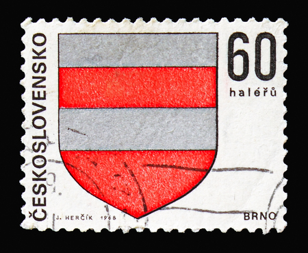 MOSCOW, RUSSIA - AUGUST 18, 2018: A stamp printed in Czechoslovakia shows Brno, Coats of arms of the Czechoslovak cities serie, circa 1968のeditorial素材
