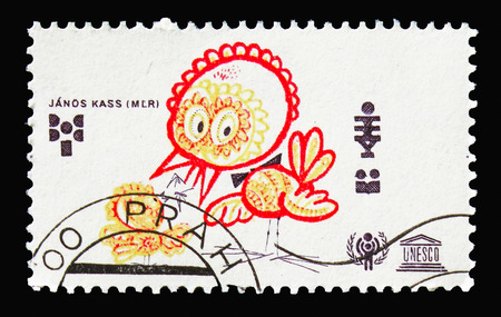 MOSCOW, RUSSIA - AUGUST 18, 2018: A stamp printed in Czechoslovakia shows Chicken, by Janos Kass,...