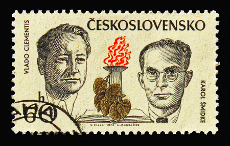 MOSCOW, RUSSIA - AUGUST 18, 2018: A stamp printed in Czechoslovakia shows Vlado Clementis and Karol Smidke, Fighters against Nazism and fascism serie, circa 1973のeditorial素材