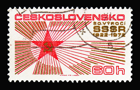 MOSCOW, RUSSIA - AUGUST 18, 2018: A stamp printed in Czechoslovakia shows 50th anniversary of the Soviet Union, Russian October Revolution serie, circa 1972のeditorial素材