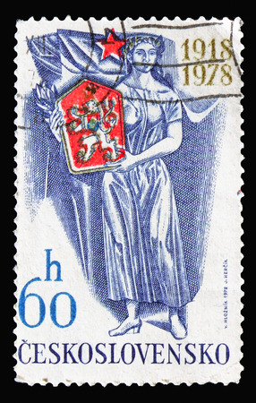MOSCOW, RUSSIA - AUGUST 18, 2018: A stamp printed in Czechoslovakia devoted to 60th anniversary of independence, serie, circa 1978のeditorial素材