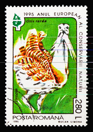 MOSCOW, RUSSIA - AUGUST 18, 2018: A stamp printed in Romania shows Great Bustard (Otis tarda), European Nature Conservation Year serie, circa 1995のeditorial素材