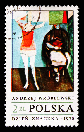 MOSCOW, RUSSIA - AUGUST 18, 2018: A stamp printed in Poland shows Woman hanging up laundry, by Andrzej Wroblewski, Paintings serie, circa 1970のeditorial素材