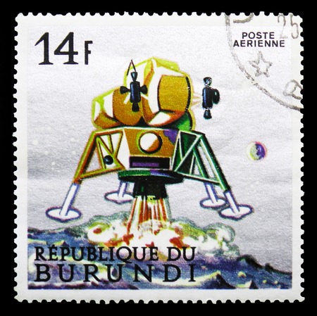 MOSCOW, RUSSIA - SEPTEMBER 15, 2018: A stamp printed in Burundi shows Lunar Module, Exploration of Space serie, circa 1968のeditorial素材
