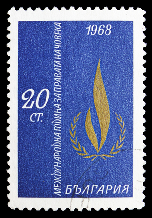MOSCOW, RUSSIA - SEPTEMBER 15, 2018: A stamp printed in Bulgaria shows Human rights year, circa 1968のeditorial素材