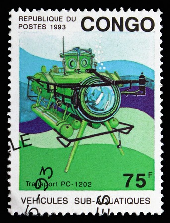 MOSCOW, RUSSIA - SEPTEMBER 15, 2018: A stamp printed in Congo shows Transport PC-1202, Deep Sea Submersibles serie, circa 1993のeditorial素材